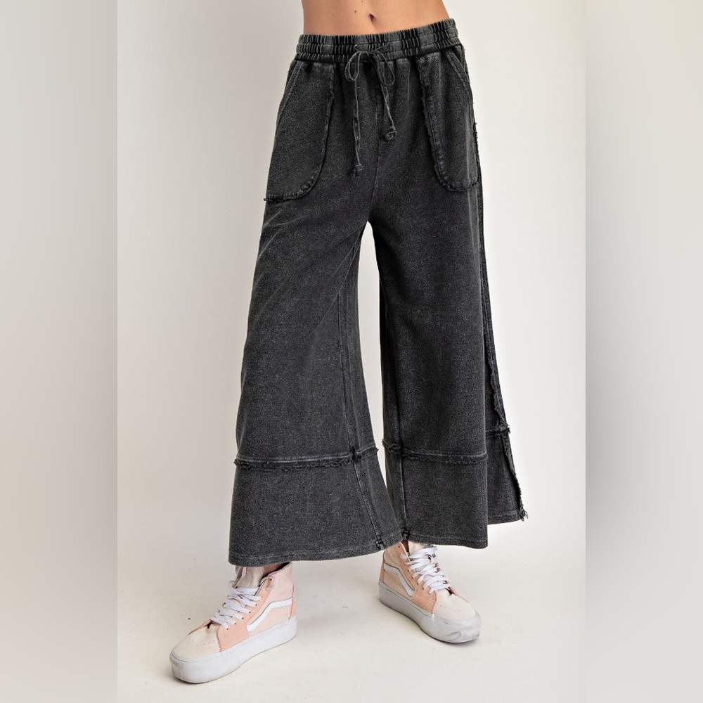 797 EASEL BLACK MINERAL WASHED TERRY PALAZZO PANTS SML NWT
